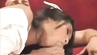 Asian nurse gets her pussy pounded on the couch in stockings