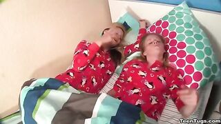 Two cute sisters shared a guy's member while pleasuring him