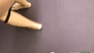 A young blonde with beautiful breasts, sucks a big dick