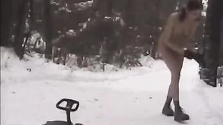 Nude girls play snowballs in the winter on the street, eporno