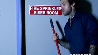A hot chick is fucking with a cleaner in the back room