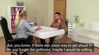 A blonde actress tries to impress the director at the casting couch