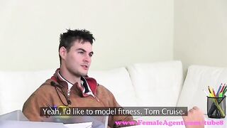 A blonde actress tries to impress the director at the casting couch