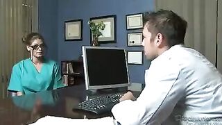 Two perverted nurses with fake big tits doing their duty with patients