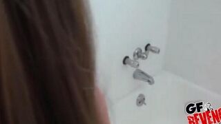 A stunning brunette has sex right at her home toilet