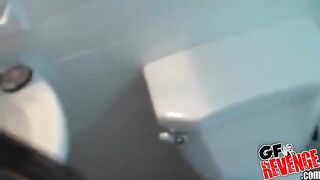 A stunning brunette has sex right at her home toilet