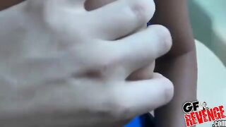 A stunning brunette has sex right at her home toilet