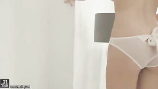 Skinny blonde girl masturbating her hairy pussy