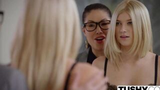 A blond girl in stockings has sex deep in her ass