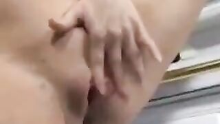 A man came to the kitchen and made a cum on the pregnant belly