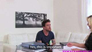 Couple enjoy each other on the couch with passionate intensity and fake tits