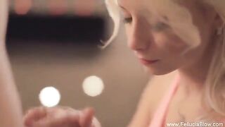 A sexy blonde gives a blowjob in the studio, showcasing her skills