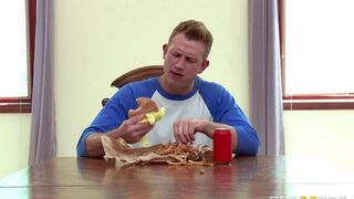 A wife, not getting enough, fucks herself with a cucumber