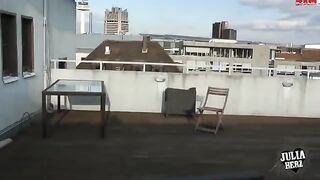 Brunette with big tits bounces on the roof in HD POV