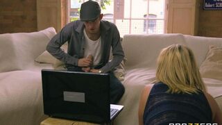 The beautiful blonde gets fucked on the couch by a big dick