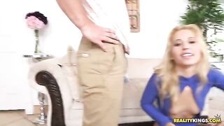 A blond girl with cancer is being fucked on the couch
