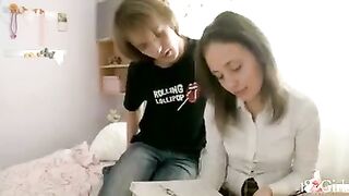 A hot brunette has entertaining with her classmate straight A student at home