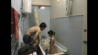 A hot sister has sex with her brother in the bathroom, hidden camera capturing it all