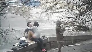 The guy shot his cock in the pants while photographing on the street