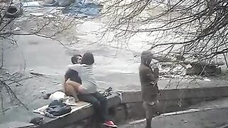 The guy shot his cock in the pants while photographing on the street
