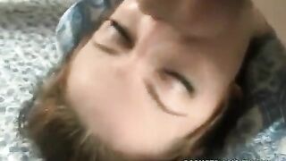 The cute girl deeply takes a member in her mouth, showcasing intense oral skills