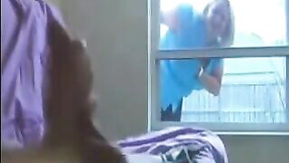 A woman peeps at a guy jerking off in the ward