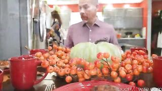 The guy stuffed his wife’s cherry pie with a cock on the table