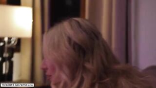Busty blonde porn star Kayley Gunner wears stockings for a foot job with a fan