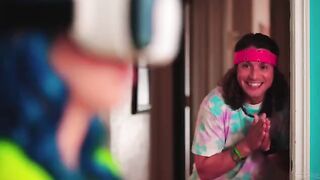 Sexual girl plays on a toy before the guy, showcasing her skills in role play