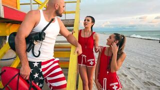 Two young lifeguards have fun with one guy in an FFM threesome