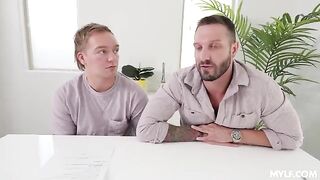 A girl pretending to be a housewife gets fucked by three guys