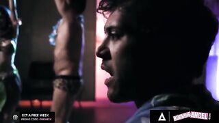 The hot fire dancer Jewelz Blu gets her pussy pounded by a huge dick at a tiki bar
