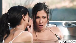 A hot brunette has sex with two guys in paradise