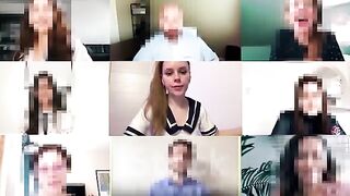 A girl is bored out of her mind during a meeting, so she starts to play with herself