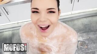 Hot brunette Sofia Lee with huge tits gets fucked in the kitchen