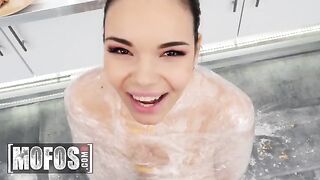Hot brunette Sofia Lee with huge tits gets fucked in the kitchen