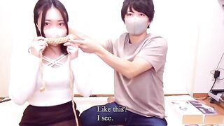 A girl tied up with ropes and gets fucked by a vibrator and the dick