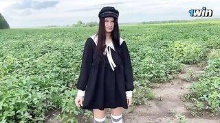 A cute girl made a special delivery to her stepbrother, showcasing her stunning 18-year-old charm in a steamy cosplay scene
