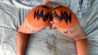 A slut is shaking her ass on the pumpkin, asking for hard rough sex