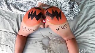 A slut is shaking her ass on the pumpkin, asking for hard rough sex