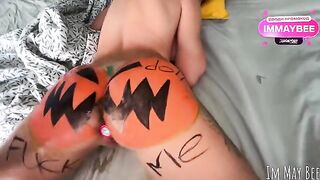 A slut is shaking her ass on the pumpkin, asking for hard rough sex