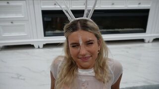 A cute girl got a festive face decoration and received a huge facial