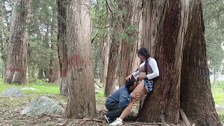 A woman in the forest agrees to have her pussy licked by a pervert