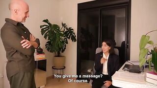 The employee demonstrates her professional tongue skills to the boss