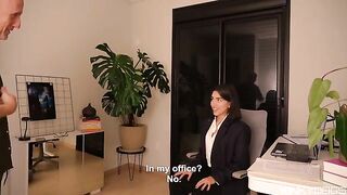 The employee demonstrates her professional tongue skills to the boss