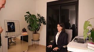 The employee demonstrates her professional tongue skills to the boss