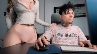 The girl rubs her pussy on the table and fucks a huge dick