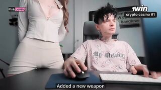 The girl rubs her pussy on the table and fucks a huge dick