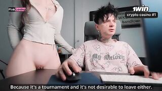 The girl rubs her pussy on the table and fucks a huge dick
