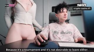 The girl rubs her pussy on the table and fucks a huge dick